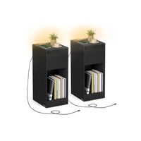 mesita de noche estrecha con luz led y puertos usb negro ebano  2