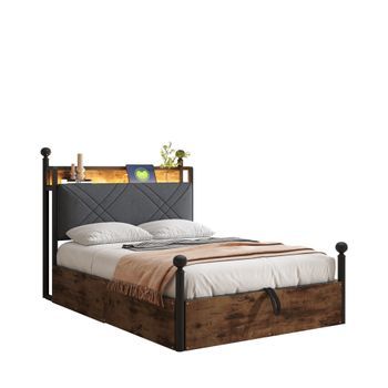 Cama Individual De 90 X 190 Cm - Con Espacio De Almacenaje Bajo La Cama - Hierro Forjado - Iluminación Led Y Puertos Usb/tipo C - Madera