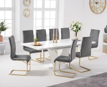 Halo 160cm White High Gloss Extending Dining Table with Malaga Velvet Chairs - Grey, 4 Chairs
