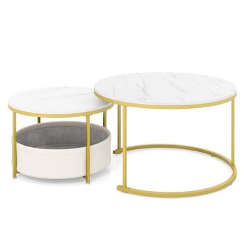 Costway Juego de 2 Mesas de Centro Redondas 80 y 60 cm Círculo de Mesa de Cóctel con Cesta de Tela y Marco de Metal Mesa Auxiliar Mesa Blanco