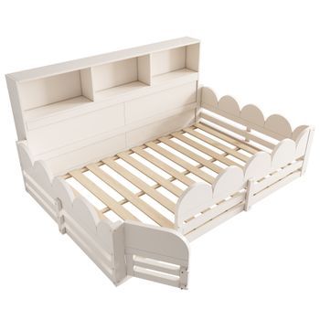 Cama Infantil Baja Blanca 140 X 190 Cm Con Somier, Barandilla, Puerta Y Estante