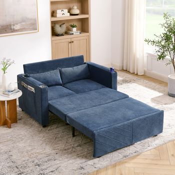 Sofá Cama De 2 Plazas - Mueble Para Salón - Madera Y Tela - Azul Marino (195x134x73cm)