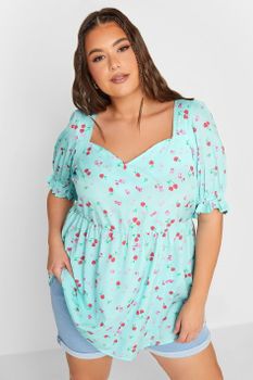 Limited Collection Top Azul De Cerezas Con Manga Abullonada, Mujer Curvy Y Tallas Grandes, Yours