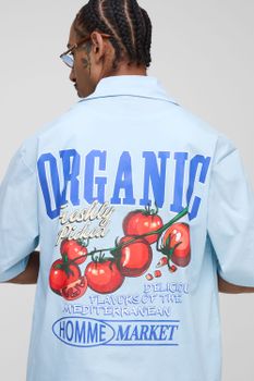 Camisa Oversize Recta Con Solapas Y Estampado De Tomates, Azul