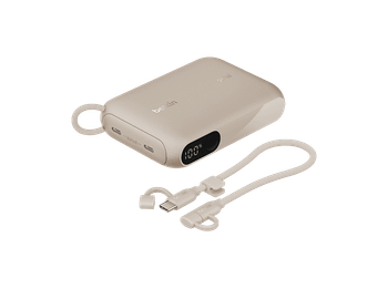 Powerbank - Belkin BoostCharge Batería externa 10K con pantalla, 10000 mAh, 2x USB-C, 20 W, Cable USB-C Extraíble, Arena