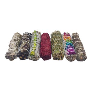 Pack 7 Sahumerio para Quemar con Sangre de Dragón, Romero, Salvia Blanca, Ruda, Trenza, Yerba Santa y Flores de Colores