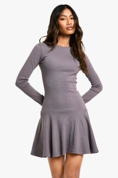 Vestido Skater De Canalé Con Caída En El Bajo, Gris