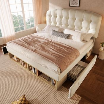 Cama Doble De 140x200 Cm En Terciopelo Beige Con Somier, Cabecero Regulable Y Cajones De Almacenamiento
