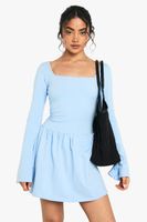 vestido mini con escote cuadrado y mangas abullonadas azul