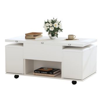 Mesa De Centro Elevable Multifuncional: Escritorio, Mesa De Comedor, Mesa De Ocio, Color Blanco