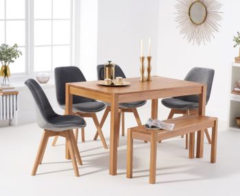 Oxford 120cm Solid Oak Dining Table with Duke Velvet Chairs and Bench - Blue, 2 Chairs