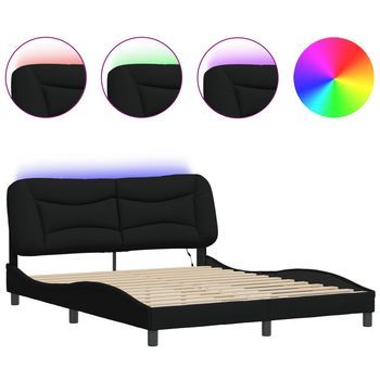Cama Matrimonial | Cama Para Adultos | Estructura De Cama Con Luces Led Tela Negro 160x200 Cm