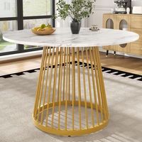 mesa de comedor redonda - tablero de mdf jaspeado y patas de metal dorado - blanco
