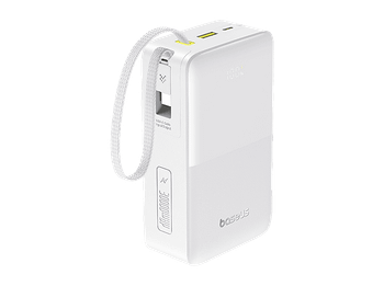Powerbank - Baseus EnerFill Bipow 2 Pro, 30000mAh, 22.5W, Con cable retráctil Tipo-C, Carga bidireccional y simultánea, Pantalla inteligente, Blanco