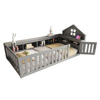 cama infantil 90x200 cm madera maciza con lecho de varillas diseno de techo con ventana estantes de almacenamiento y puerta de seguridad barandas altas dobles color gris ideal para ninos estable y duradero