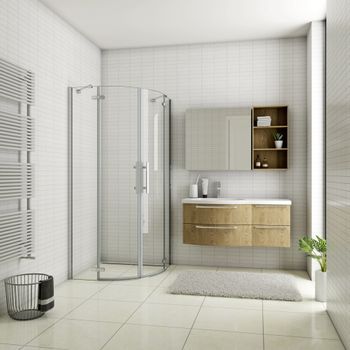 Aica Mampara De Ducha Curva Abatible Perfil Cromado Antical 6mm (870-885)x(870-885)x1950mm + Plato De Ducha 90x90x3cm Antideslizante Gelcoat + Desagüe