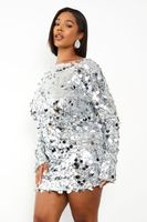 vestido plus mini fruncido de manga larga con lentejuelas gris