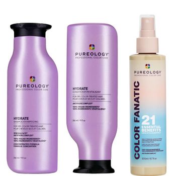 Pureology Hydrate Shampoo, Conditioner and Color Fanatic Multi-Benefit Leave-in, Moisturising Bundle for Dry Hair