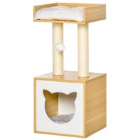 pawhut arbol para gatos de 2 niveles con cueva cama superior postes rascadores de sisal cojines lavables bola de juguete roble blanco   aosom espana