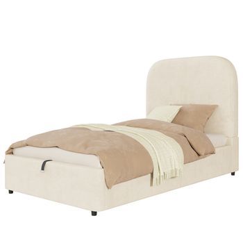 Cama Tapizada 90x200 Individual Con Canapé Abatible Y Somier, Cama Infantil Terciopelo Beige