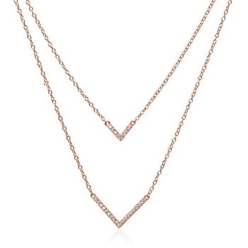 Cadena de capas v de plata 925 chapado en oro rosa circonita cúbica