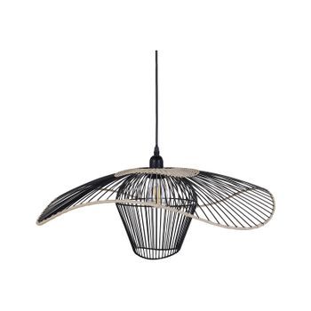 Lámpara Colgante Iluminación Pantalla De Ratán Y Metal Negro Lunga