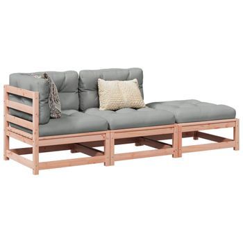 Conjunto De Sofás Jardín 3 Uds | Mueble Jardin Mesa Y Sillas Con Cojines Madera Abeto Douglas Cfw870153