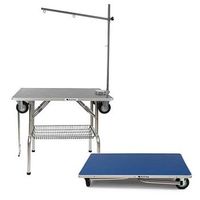 mesa exposicion con ruedas y horca mesa azul