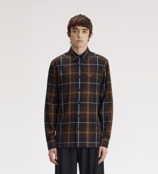 Fred Perry para hombre. M3457 Camisa de tartán de sarga marrón (S), Casual, Algodón, Manga larga