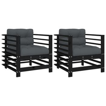 Pack 2 Uds Sillones De Jardín | Silla De Jardín | Silla De Exterior Con Cojines Madera Maciza Pino Negro