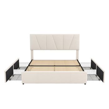 Cama De Adulto Tapizada 160x200cm En Terciopelo Con 4 Cajones Y Cabecero Regulable Beige