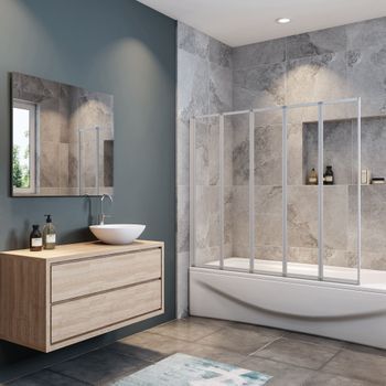 Mampara De Bañera 5 Hojas Plegables Perfil Gris Mate 120x140cm Aica