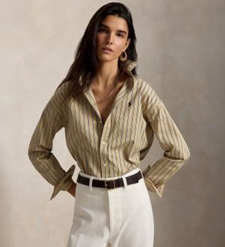 Polo Ralph Lauren para mujer. 211910743511 Camisa de algodón con rayas Relaxed Fit beige (L), Casual, Manga larga