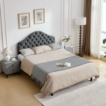 Cama Doble Tapizada En Terciopelo Con Cabecera Ajustable Y Lamas De Madera, Gris, 140x200 Cm