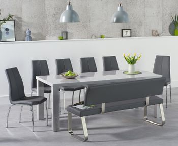 Atlanta 200cm Light Grey High Gloss Dining Table with Cavello Chairs and Malaga Large Grey Bench