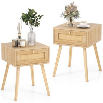 Costway Juego de 2 Mesitas de Noche Boho con Decoración de Ratán Tejido a Mano para Dormitorio y Sala de Estar 40 x 40 x 55 cm Natural