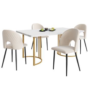 Juego De Comedor 4 Sillas Y Mesa De Cocina Moderna, 140x80cm, Sillas De Terciopelo Beige, Mdf Y Metal Dorado