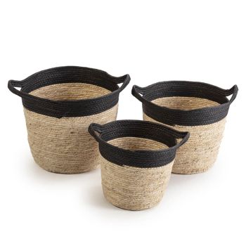 Set de 3 cestas de fibra natural y papel, negro/beige con asas