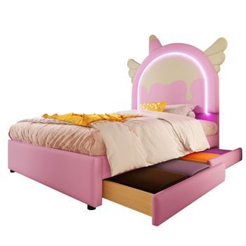 Cama Tapizada De 90x200 Cm Con Cabecero De Unicornio Y 2 Cajones - Leds - Polipiel - Rosa (sin Colchón)