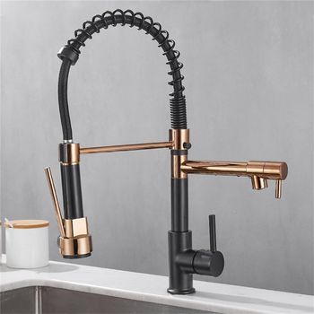 Grifo De Cocina Negro, Grifo De Cocina Con Resorte Negro Y Oro Rosa, Grifo Para Fregadero De Cocina, Mezclador De Agua Fría Y Caliente, Grifo De Grúa, Grifo De Cocina Ikodm