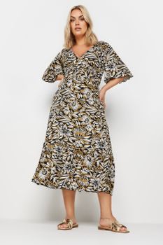 Yours Vestido Negro Y Mostaza De Flores, Mujer Curvy Y Tallas Grandes, Yours