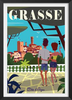 Póster de viaje de grasse con marco negro 20x30cm