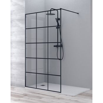 Mampara De Ducha Fijo Walk In Cuadrícula | Vidrio Templado 8mm Antical | 195cm Altura | Negro | 70-120cm | 120 Cm (1 Fijo) - Negro Mate - Cuadrícula Negra