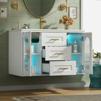 mueble de bano suspendido con lavabo ceramico 76 cm blanco efecto madera y luz led