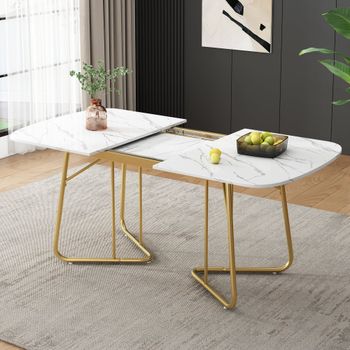 Mesa comedor extensible efecto mármol blanco con patas chapadas en oro