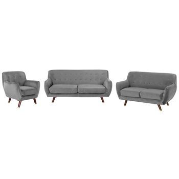 Juego De Sala De Estar Sillón Sofá 3 Plazas Y 2 Plazas De Terciopelo Gris Respaldo Capitoné Abotonado Bodo