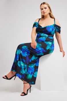 Yours London Vestido Largo Negro Y Azul De Flores, Mujer Curvy Y Tallas Grandes, Yours London