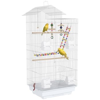 PawHut Pajarera con Múltiples Puertas 4 Comederos 3 Perchas Columpio Escaleras y Bandeja Extraíble 46x36x100 cm Blanco