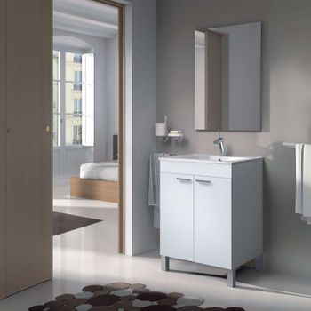 Mueble De Baño Con 2 Puertas En Blanco Brillo Con Espejo Y Lavamanos De Pmma