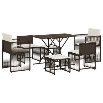 Set Comedor De Jardín 7 Piezas | Mueble De Jardín Con Cojines Ratán Sintético Marrón
